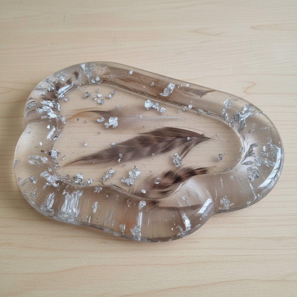 silver flakes and feathers tray
