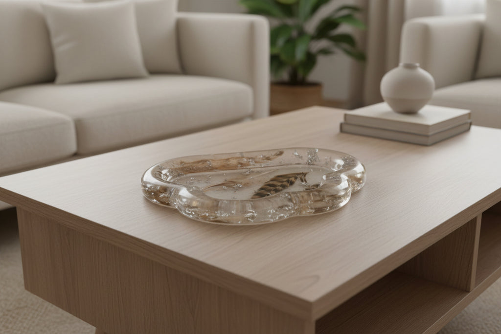 silver flakes and feathers tray
